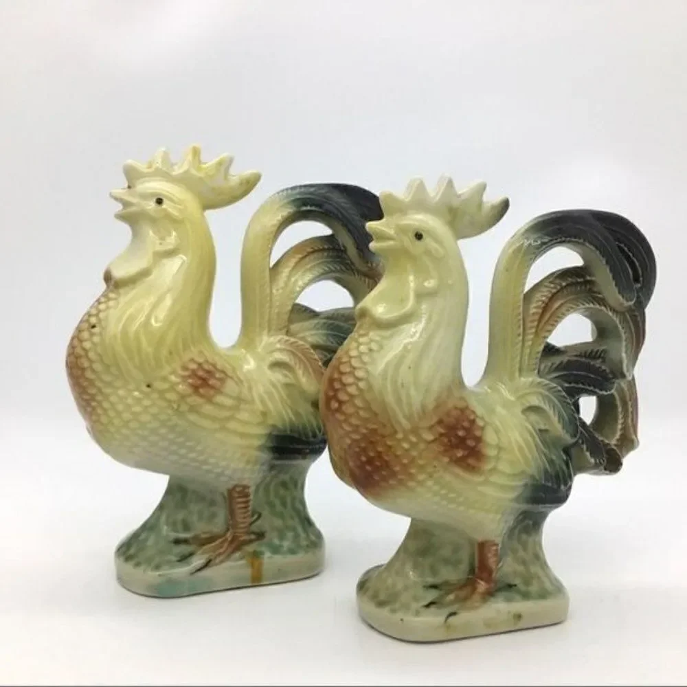 Vintage 50s MCM Japan Porcelain Rooster Statues Figurines Pair of 2